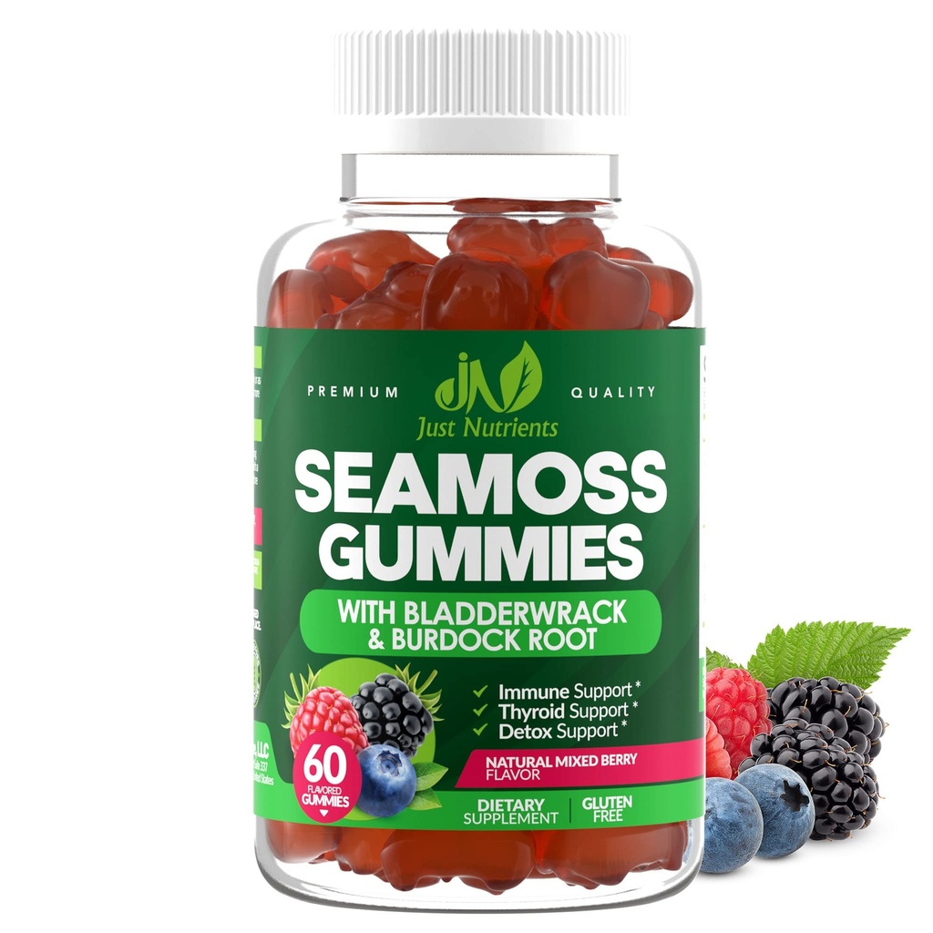 Bladderwrack 및 Burdock 루트가있는 Sea Moss 3000mg Gummies - Immune, Thyroid 및 Detox 지원을위한 자연적인 아일랜드어 Sea Moss - 추가 강도, 훌륭한 Tasting - 글루텐 프리, Vegan - 60 Gummies