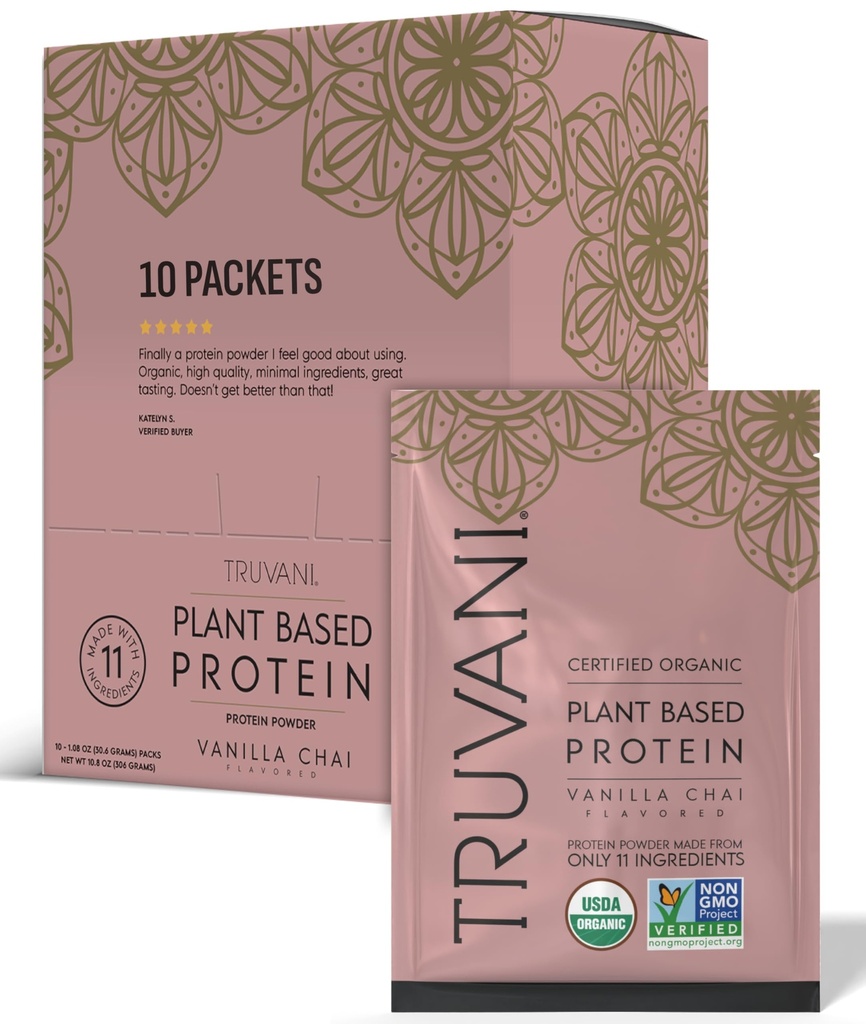 Truvani Vegan Pea Protein Powder | 바닐라 케일 | 20g 유기농 공장 기반 단백질 | 단일 서빙 여행 패킷 | 10 서빙 | 케토 | 글루텐 & 다이어리 무료 | 저탄자 | 추가 설탕