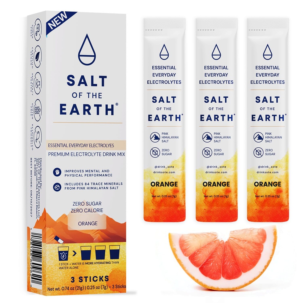 지구 프리미엄 Zero-Sugar Electrolyte 소금 - 핑크 히말라야 소금으로 만든 - 히드라이즈 분말 패킷 | 프리미엄 재료 | Keto & Paleo Friendly | 3 스틱, 오렌지