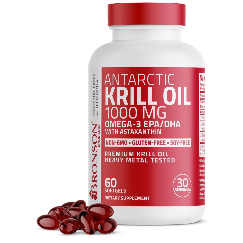 Bronson Antarctic Krill 기름 Omega-3s EPA, DHA, Astaxanthin 및 Phospholipids 60 Softgels를 가진 1000 mg
