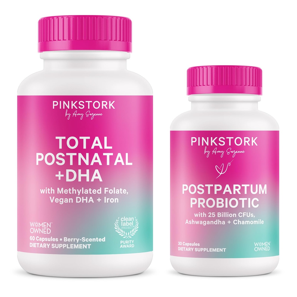 핑크 Stork Postnatal Multivitamin + Probiotics 와 Vegan DHA, Ashwagandha, Iron, Folate, B12 - 지원 호르몬 균형, Postpartum Recovery, Gut Health, & Digestion - 팩의 2