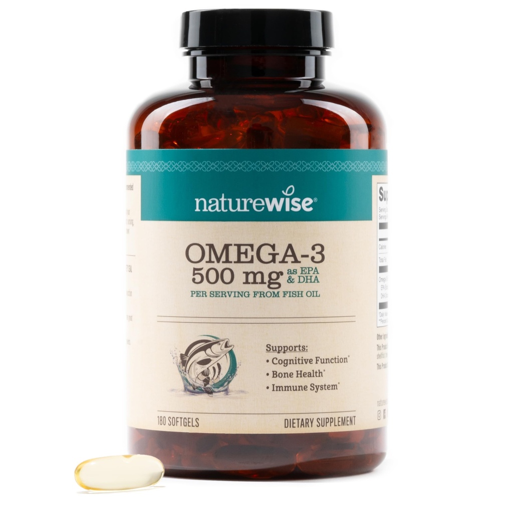NatureWise Omega 3 물고기 기름 - 알약 당 500 mg - EPA & DHA - 면역 지원, 뇌 건강 & 최선 웰니스 - 글루텐과 콩 자유로운, 비 GMO - 180 Softgels [6 달 공급]