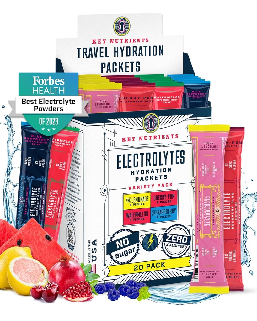 KEY NUTRIENTS Electrolytes Powder Packets No Sugar - 4 Delicious flavors in Hydration Packets 20 Pack - Calories 없음, 글루텐 무료 전해질 분말 패킷 - Keto Friendly, Non GMO, Made in USA
