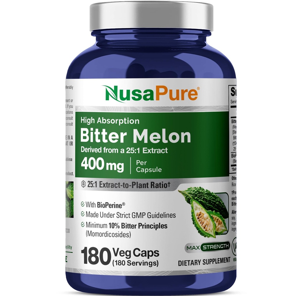NusaPure 쓴 멜론 추출물 10,000 mg 180 채식 모자 (100% 채식주의자, 비 GMO, 글루텐 자유로운, 10% Bitter 원리) Bioperine