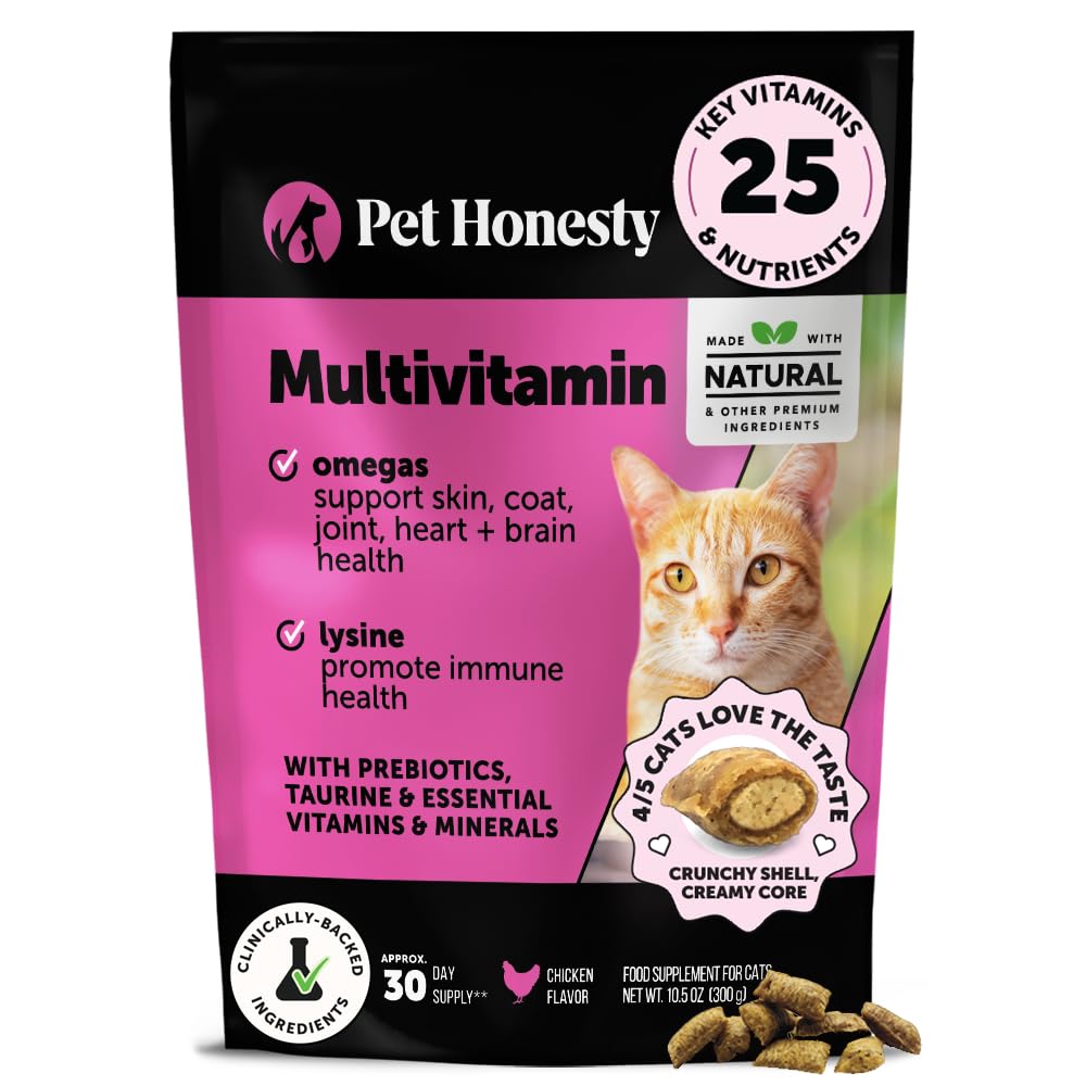Cat Multivitamin Crunchy & Creamy Chews - 고양이는 건강 + 면역, 합동 지원, 피부 & 외투, & 소화 - Omega 3s, Lysine & Probiotics (30 일 공급)를 가진 비타민을 대우합니다