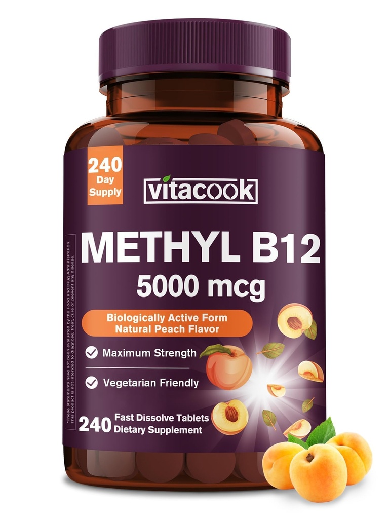 비타민 B12 하위 언어, 에너지 생산을 위한 Methylcobalamin 5000mcg, 에너지, Nerve & 세포 지원, 자연적인 복숭아 풍미, Vegan, 영 설탕, 240 빠른 용해 정제