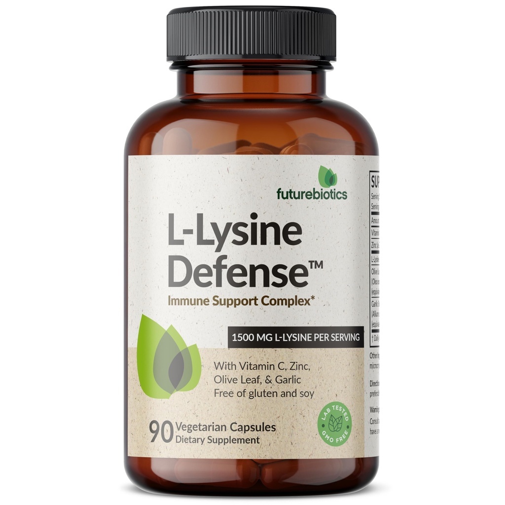 Futurebiotics L-Lysine Defense Immune Support Complex 1500 MG Per 서빙 비타민 C, 아연, 올리브 리프 & 마늘 - 비 GMO, 90 채식 캡슐