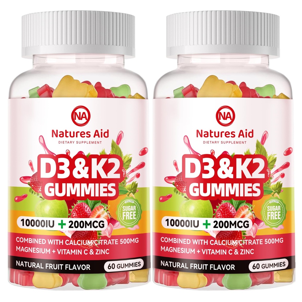 자연 원조 설탕 자유로운 비타민 D3 K2 칼슘을 가진 Gummies + K2 (MK-7), 마그네슘 구연산염, 비타민 C, 여분 힘 - 뼈 근육 치아 면역, 채식주의자를 위한 궁극적인 흡수 - 120 Gummies