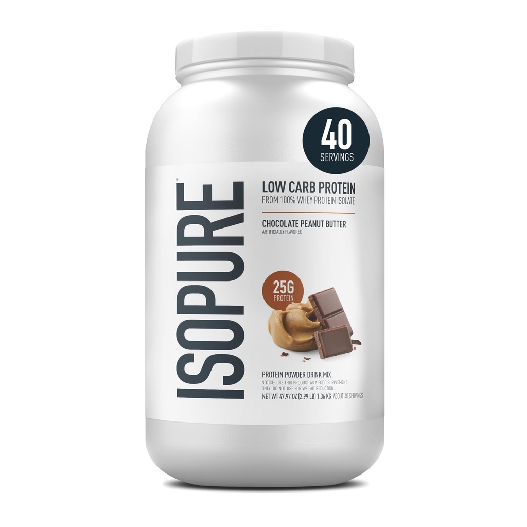 Isopure 낮은 Carb 100 % 순수한 Whey Isolate Protein Powder, Lactose Free, Gluten Free, 비타민, 초콜릿 땅콩 버터, 25g Protein Per 서빙 당, 3 Lbs, 40 서빙 (5 월 Vary)