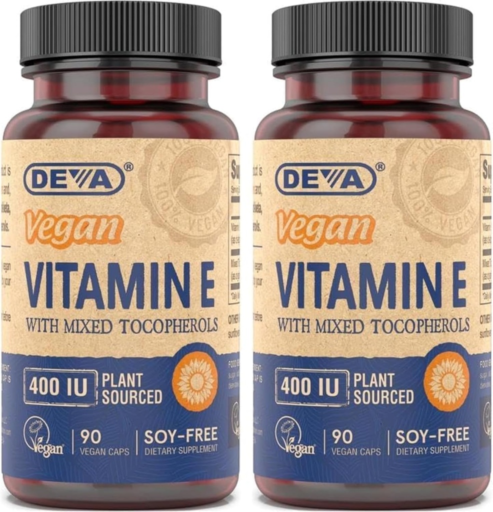 DEVA Vegan 천연 소스 비타민 E 400IU 혼합 tocopherols, Soy-Free - 90 Veg 모자 (팩 2)