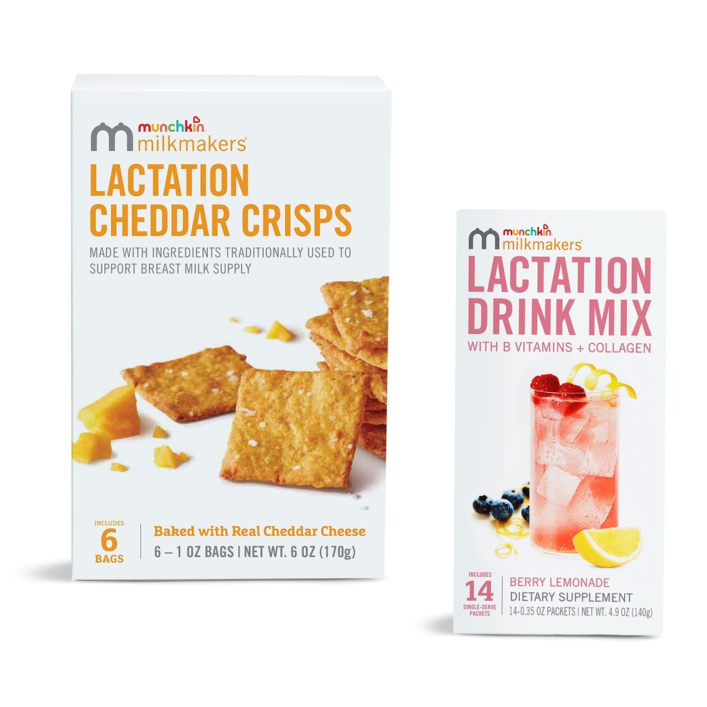 Munchkin® Milkmakers® Lactation Drink Mix Supplement with B Vitamin & Milk Thistle, 14 Count and Lactation Cheddar Crisps for Breastfeeding Mom with Oats and Flax, 6 Count