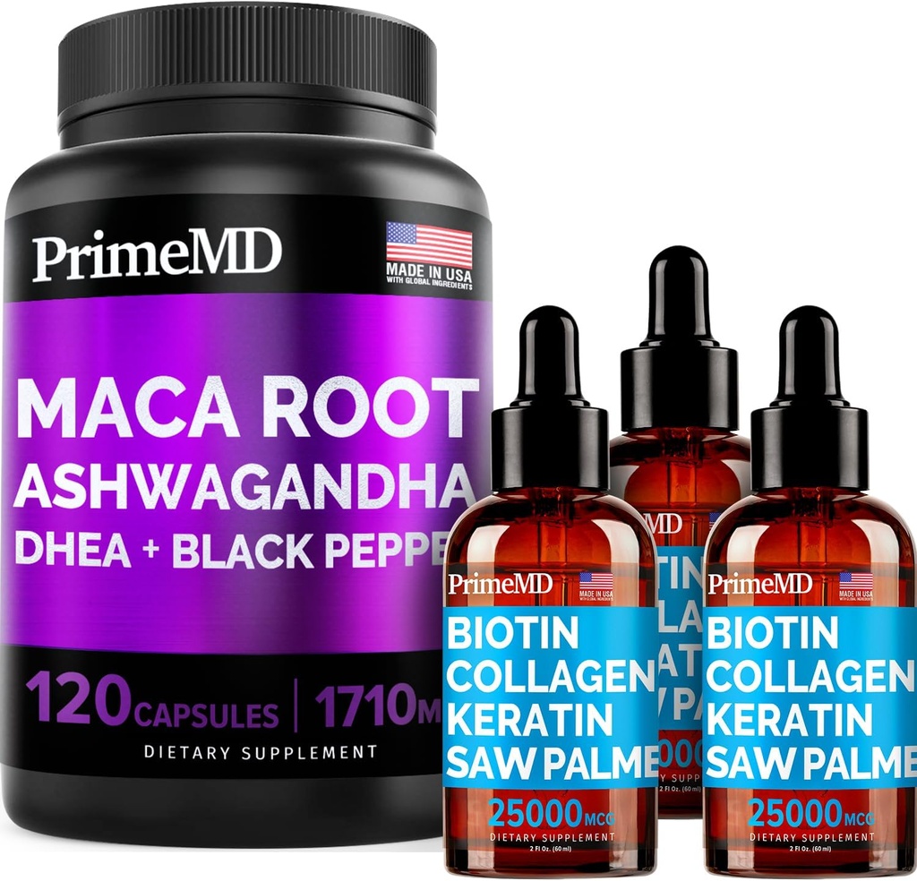 4-in-1 액체 Biotin Collagen Keratin은 Palmetto Drops (2 fl oz - 3 Pack) & 6-in-1 Maca Root Ashwagandha w Black Pepper Fruit (120ct) 번들 - 헤어, 피부, 손톱, 에너지 및 무드 지원 보충교재