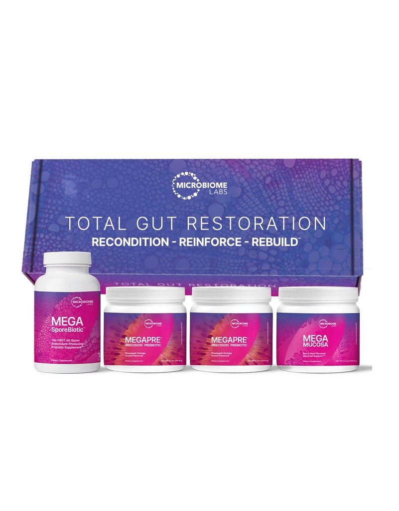 Microbiome Labs Total Gut Restoration Kit (Powder) - 3-Product Gut Health Spore 기반 Probiotic, Prebiotic Powder & Mucosal Immunoglobulin + Immune, GI 및 Digestive Health 용 아미노산 보충