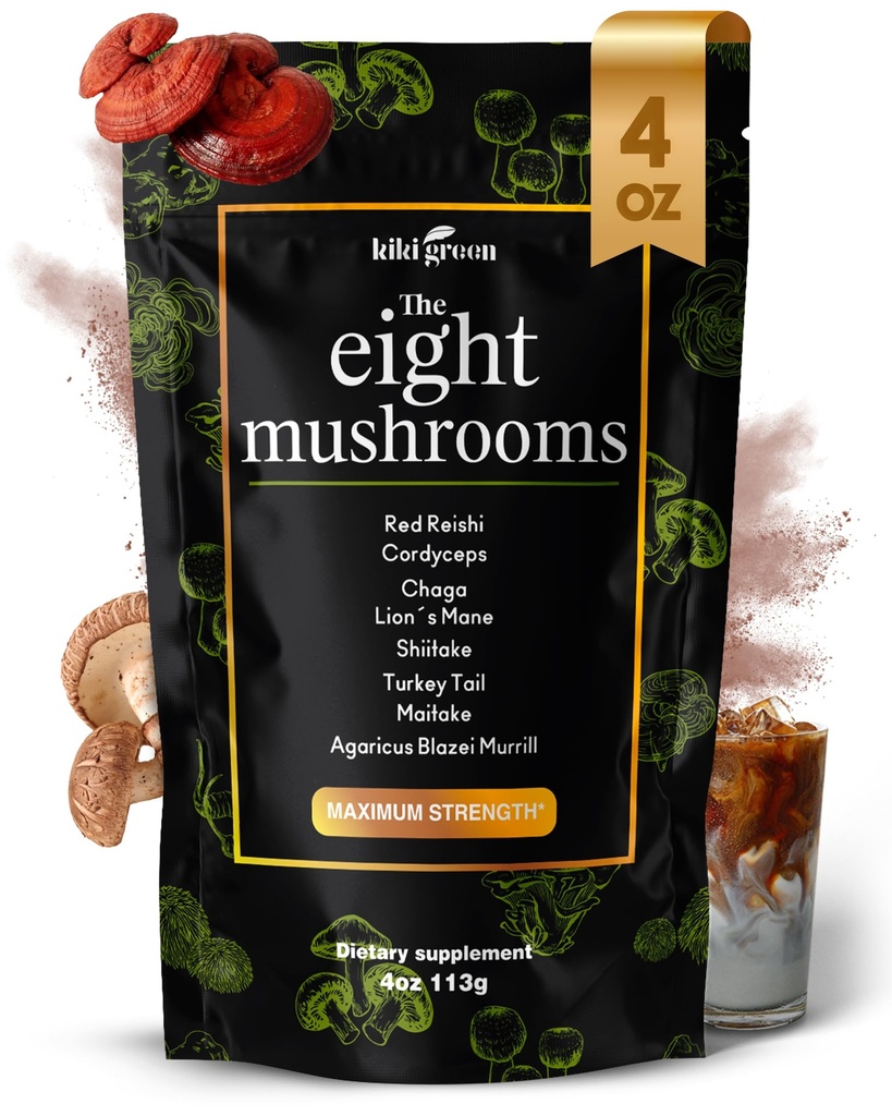 KIKI 녹색 8 버섯 분말 추출물 - 커피와 스무디를 위한 4개 oz Adaptogenic Complex - 사자 Mane, Chaga, Reishi, Cordyceps, Maitake, Shiitake - 초점과 에너지