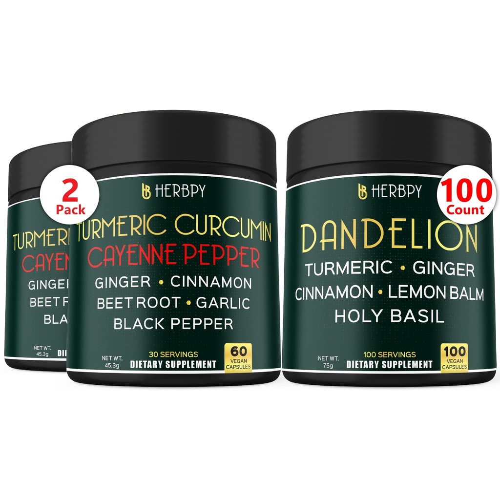 번들 7in1 Turmeric Curcumin & 6in1 Dandelion 보충교재 - 지원 심장, 소화 건강 및 면역 체계