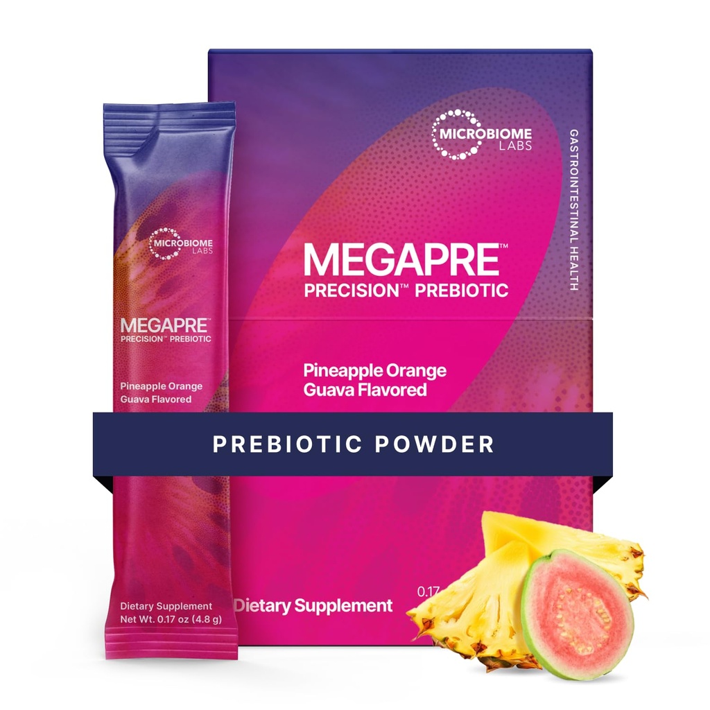 Microbiome Labs MegaPrebiotic Fiber Powder for Women, Men & Kids - 임상 시험 Oligosaccharides와 Pre-Dosed Prebiotic Fiber Supplement Powder - 파인애플 오렌지 과바 (30 음료 팩)