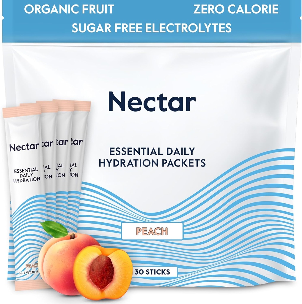 Nectar Hydration Packets - Electrolytes Powder Packets - Sugar Free & 0 Calorie - Dehydration Relief & Rapid Rehydration (Peach 30 Pack) 용 유기 과일 액체 일일 IV 전해질 분말