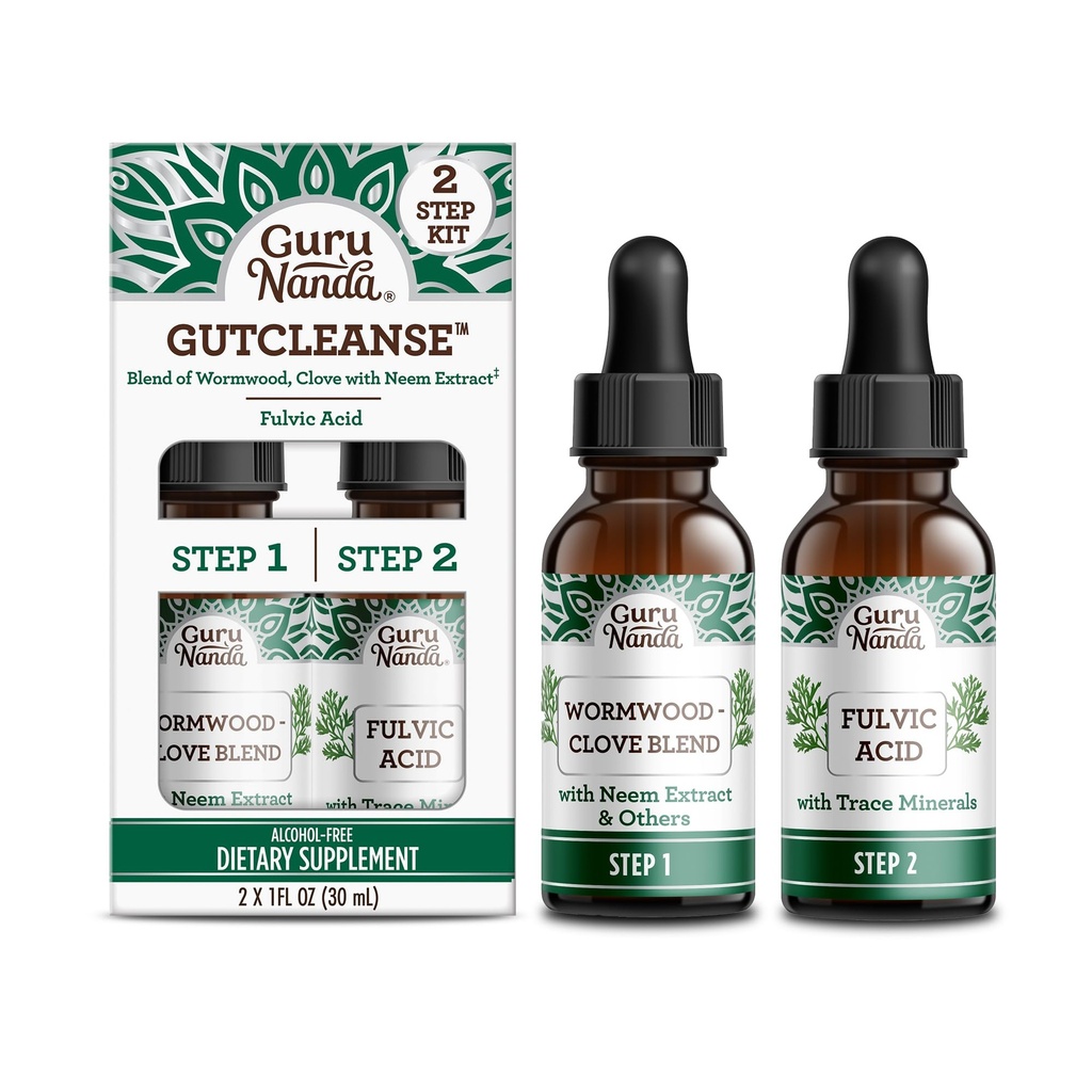 GuruNanda Gutcleanse 2-Step 키트 - 소화를 도와 다이어트 보충 - Fulvic 산, Wormwood, Clove & Neem 추출물, 2x1 FlOz의 혼합