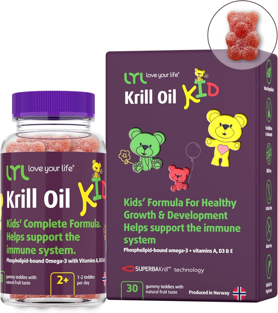 LYL Krill Oil Kid Gummy Bears with Vitamin D 3, 비타민 E 및 비타민 A - 건강한 성장 및 개발을위한 인 지브-브릭 오메가 3 - 오렌지, 사과 및 Raspberry Taste (Pack of 30)