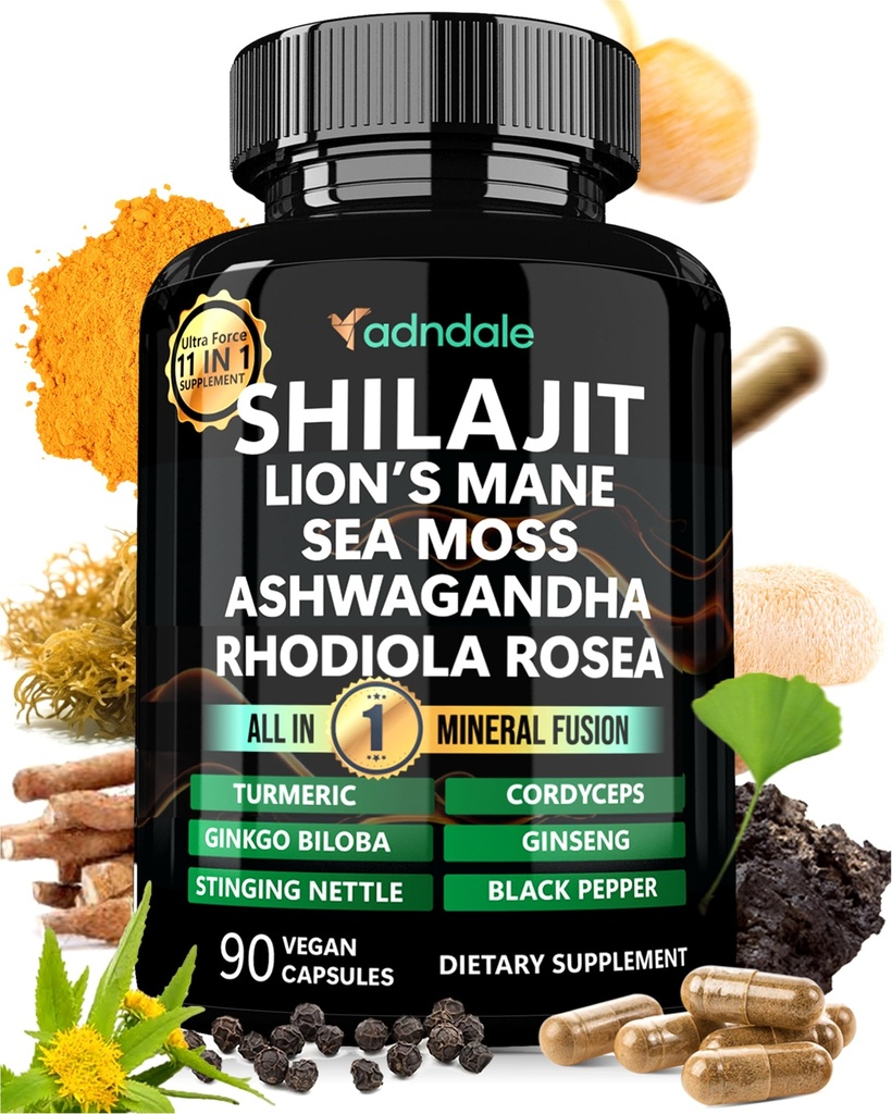 Adndale Shilajit 보충. 순수한 Himalayan 유기 Shilajit 남자와 여자 캡슐 바다 Moss Ashwagandha Rhodiola Rosea 사자 Mane. 90 조사