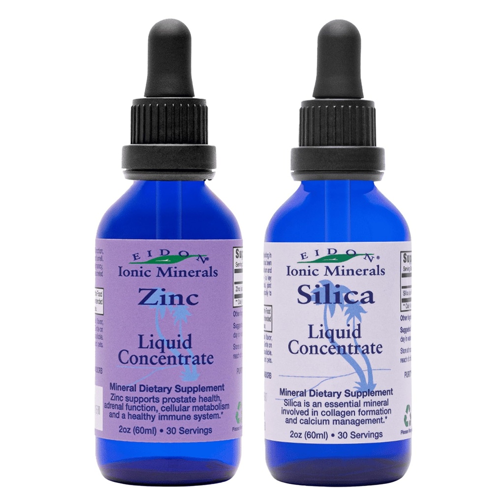 Eidon Ionic 무기물 액체 실리카 & 아연 하락, 2 Fl Oz, 면역력, 피부 관리, 모든 자연 성분, 인공적인 색깔 또는 보존제 없음