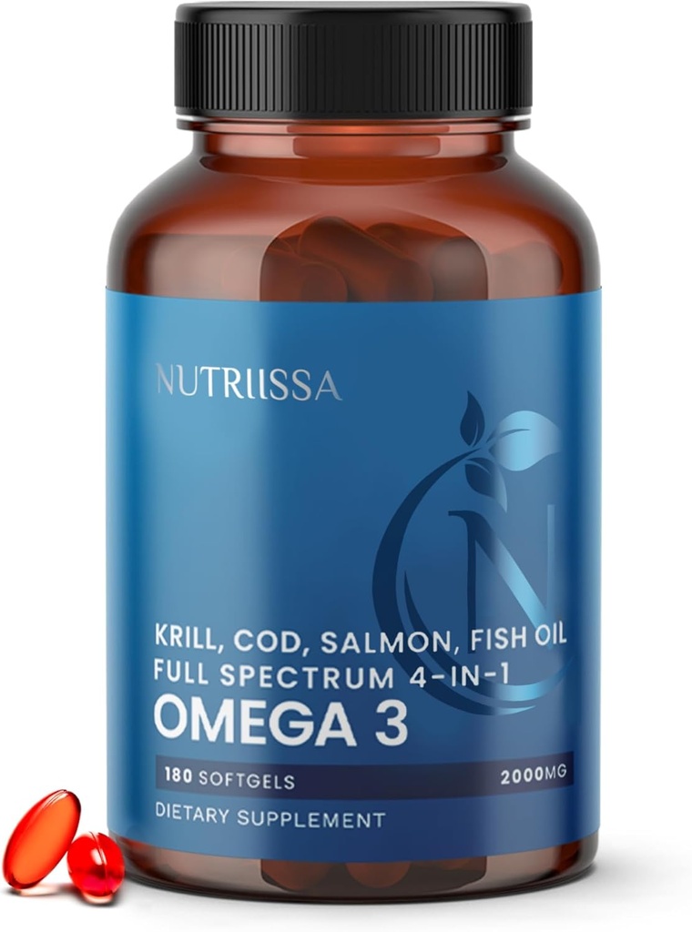 Nutriissa 전체 스펙트럼 오메가-3 - 2000 mg 오일 혼합 (Krill, Cod & Salmon Oil) - 1175 mg 오메가-3s (EPA, DHA 및 DPA) - EPEB 인증, 3 개월 공급 - 심장, 두뇌 및 공동 지원 - 180 할랄 Softgels