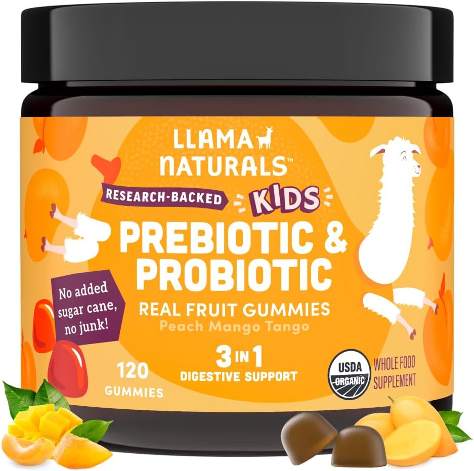 Llama Naturals Kids Probiotics with Prebiotic Fiber, Vegan, Organic Prebiotics and Probiotics Gut Health Support, Toddler Real Fruit Gummy Vitamins, 추가 설탕 지팡이, 복숭아 망고, 120 Ct