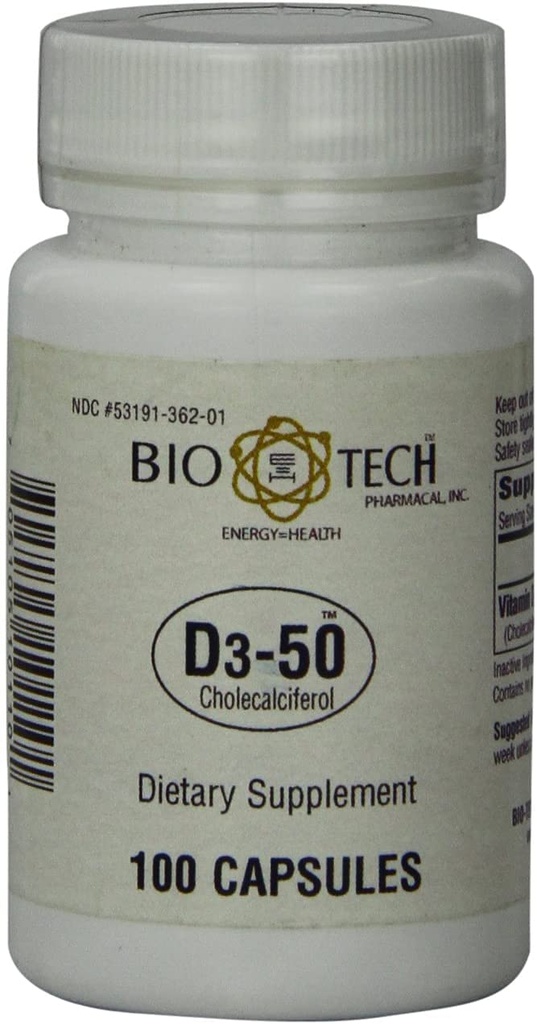 Bio-Tech Pharmacal D3-50 50,000 IU, 100 캡슐 Ð All-Natural 보충교재 Ð 지원 뼈, 심장 Neuromuscular, & 면역성이 있는 건강 ̈ 낙농장, 물고기, 글루텐, 땅콩, 껍질, & 콩