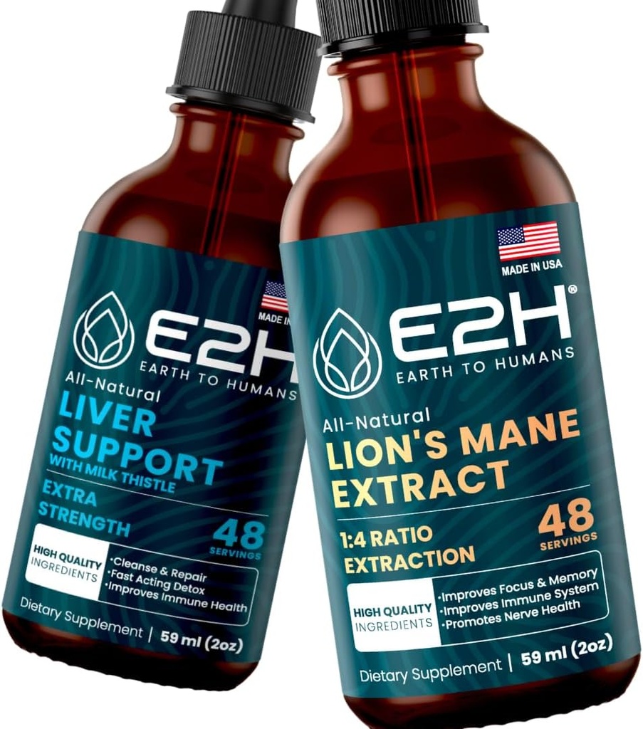 E2H: Liver 지원 보충교재와 Cordyceps 버섯 보충교재 | Vegan, Non-GMO - 2 Fl Oz 각 (4 Fl Oz 합계) - 뭉치