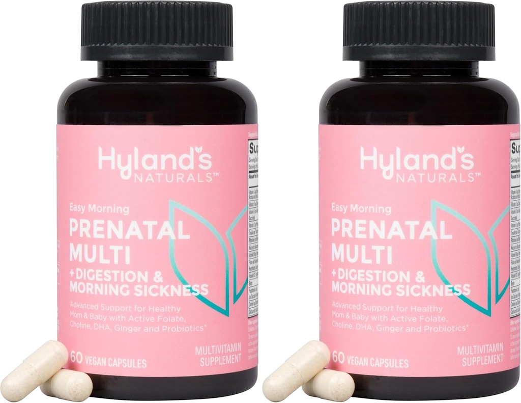 Hyland의 Easy Morning Prenatal Multivitamin 및 Digestive Health 및 Morning Sickness Relief, Folate, Choline, 아연, Ginger Root, Prebiotics 및 Algae DHA와 함께 60 Vegan 캡슐