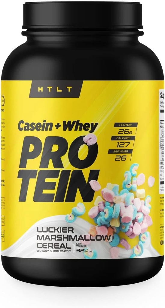 케이스 + HTLT에 의해 호이 단백질 | Whey & Casein Protein Shake Powder | 감속성 Whey & Casein Protein for Sustained Energy | 벌크 치료를위한 Casein Protein Powder, Luckier Marshmallow Cereal