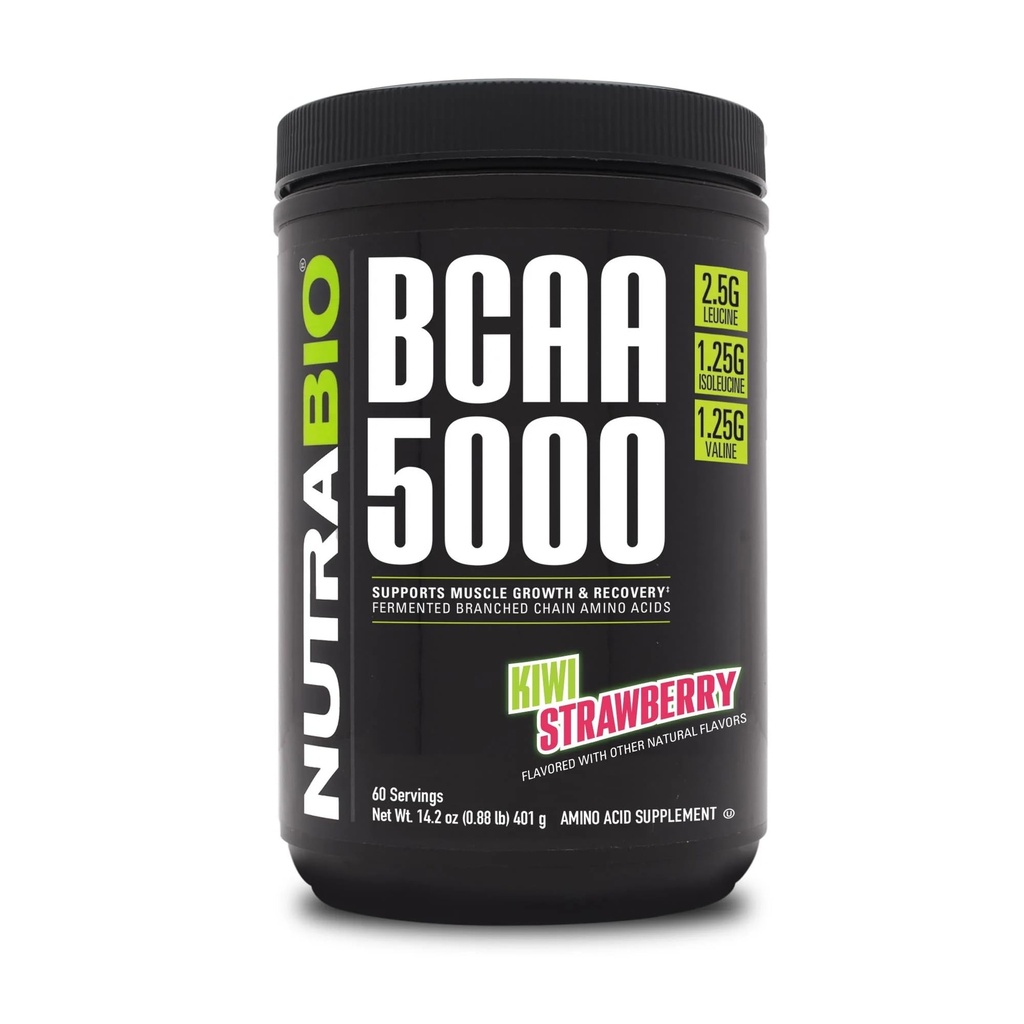 NutraBio BCAA 5000 분말 - Vegan 발효 BCAA - Lean 근육 성장, 회복, 내구시간을 지원합니다 - 60 서빙 - Kiwi Strawberry