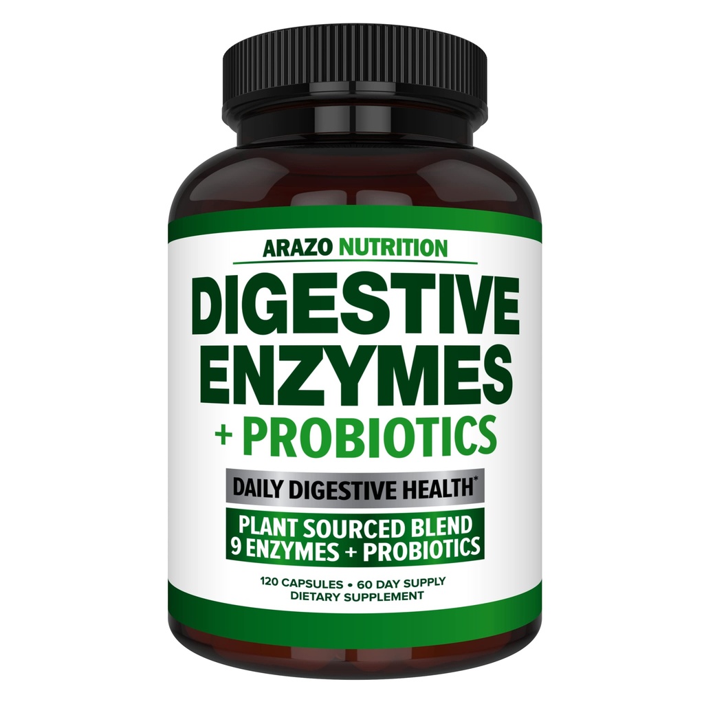 Probiotics와 소화 효소 - 멀티 효소 영양 보충 - Acidophilus Bromelain Papaya Papain Lipase & Lactase - 소화 개선 - 120 알약 - Arazo Nutrition