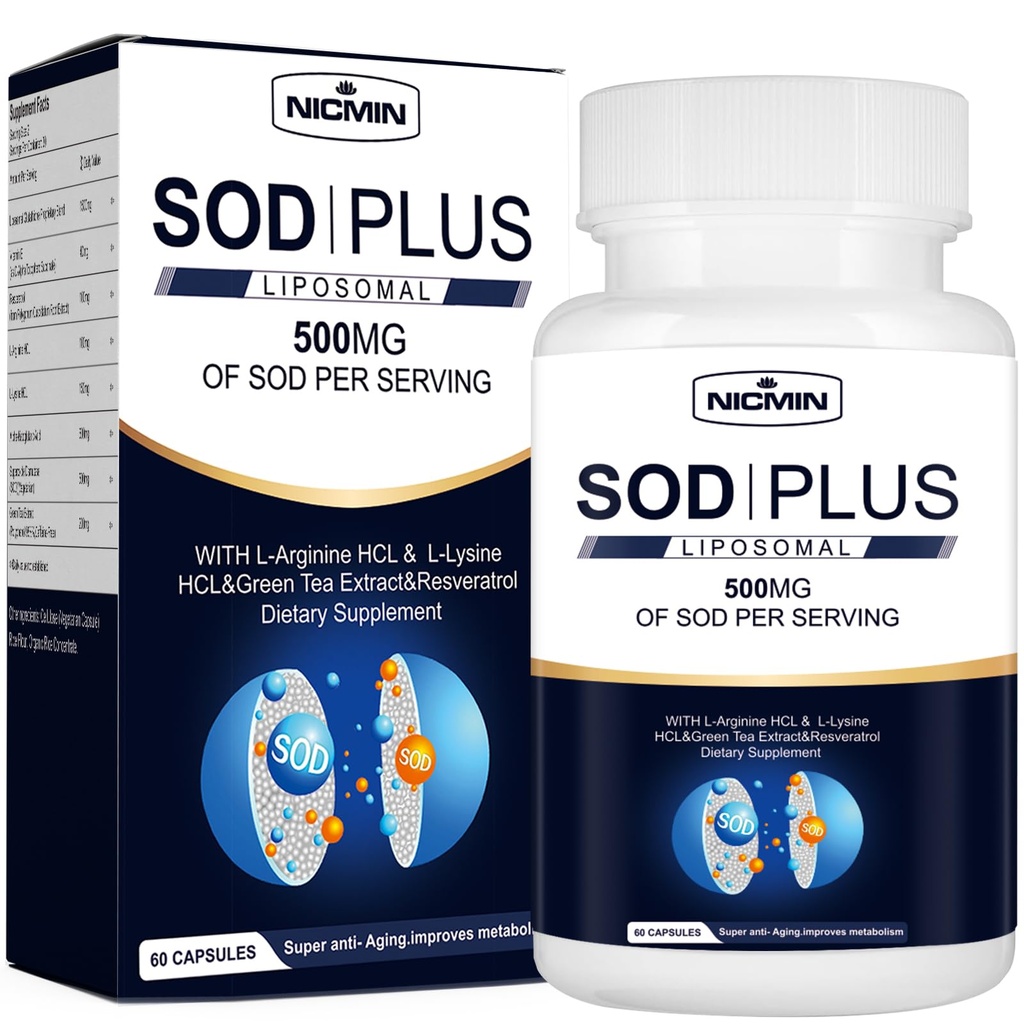 Superoxide Dismutase 보충교재 500mg - SOD 플러스 liposomal glutathione, AKG, 녹차 추출물, L 아르기닌, 리진, 레스버라트롤 및 비타민 E Immune 지원, 산화 방지제 60 캡슐