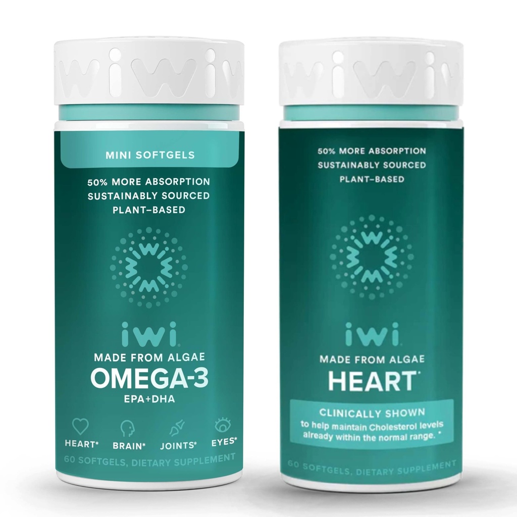 Iwi Omega-3 Minis & Heart Omega-3 번들, 30 서빙, Vegan Plant-Based Algae Omega 3, Krill & Fish Oil Alternative, No Fishy Aftertaste