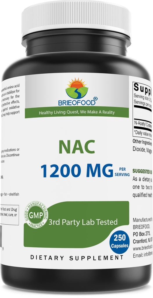 Brieofood NAC 보충교재 N 아세틸 Cysteine 250 캡슐 봉사 당 1200 mg - 면역 지원 보충교재