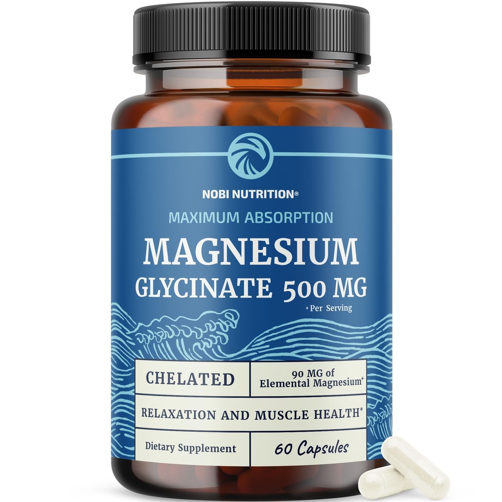 마그네슘 글리세린 500mg | 높은 흡수를 위해 킬레이트 | 근육 릴, 뼈, 심장, 신경, 수면, 여성 및 남성용 캘름 지원 | 마그네슘 킬레이트 보충교재 & Bisglycinate Complex | 60ct