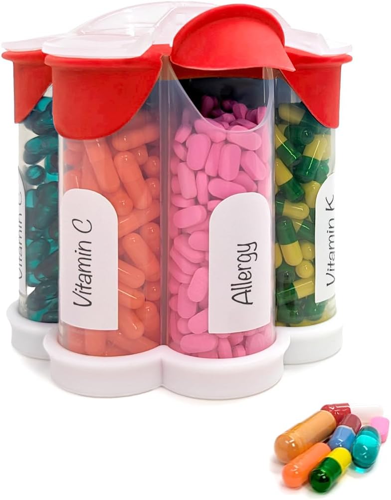추가 대형 알약 주최자 매일, 주간, 월간 보충 병, 7 XL Compartments가있는 귀여운 Blossom Pill 분배기, 비타민, 약물, 라벨 포함 (레드)을위한 쉬운 오픈 알약 상자