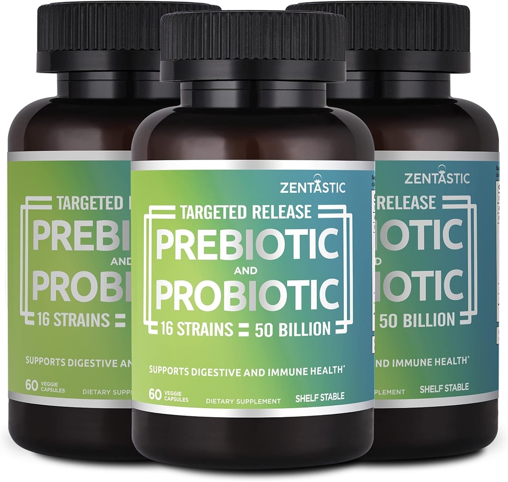 Zentastic Probiotics & Prebiotics 보충 - 50 억 CFU - 남성 및 여성 면역 및 소화 건강 - 16 Strains - 선반 안정 - 180 지연 릴리스 Veggie 캡슐