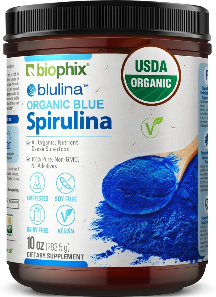 biophix 블루 Spirulina 분말 유기 Blulina 10 oz - 조류 유기 Spirulina 분말 283 서빙 - Superfood Supplement - 자연 블루 안료 - Espirulina en Polvo Organica Pura Azul