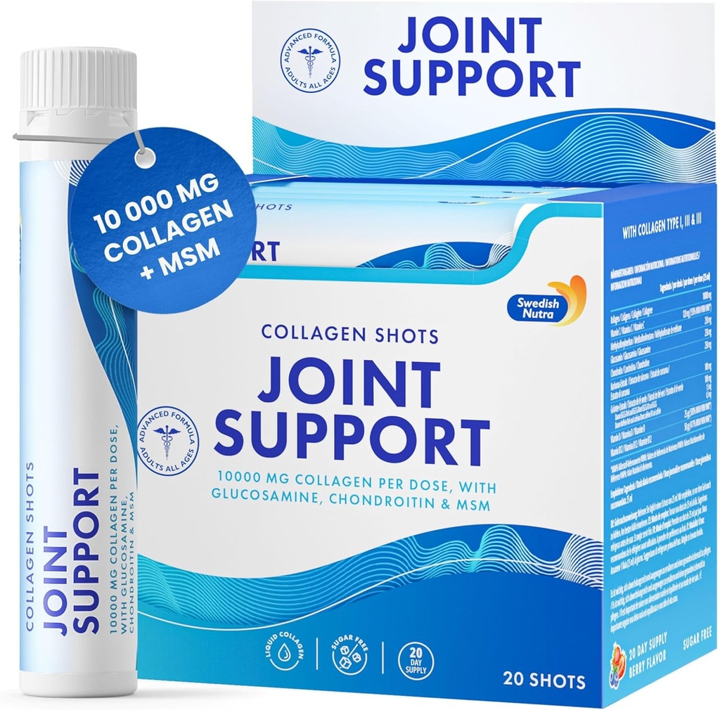 스웨덴어 Nutra - 합동 지원 탄 I 10,000 mg 교원질 유형 I, II & III I 글루코사민, MSM, Chondroitin, Turmeric I 100% 자연적인 풍미 I 설탕 자유로운 - 상자 당 20발의 탄