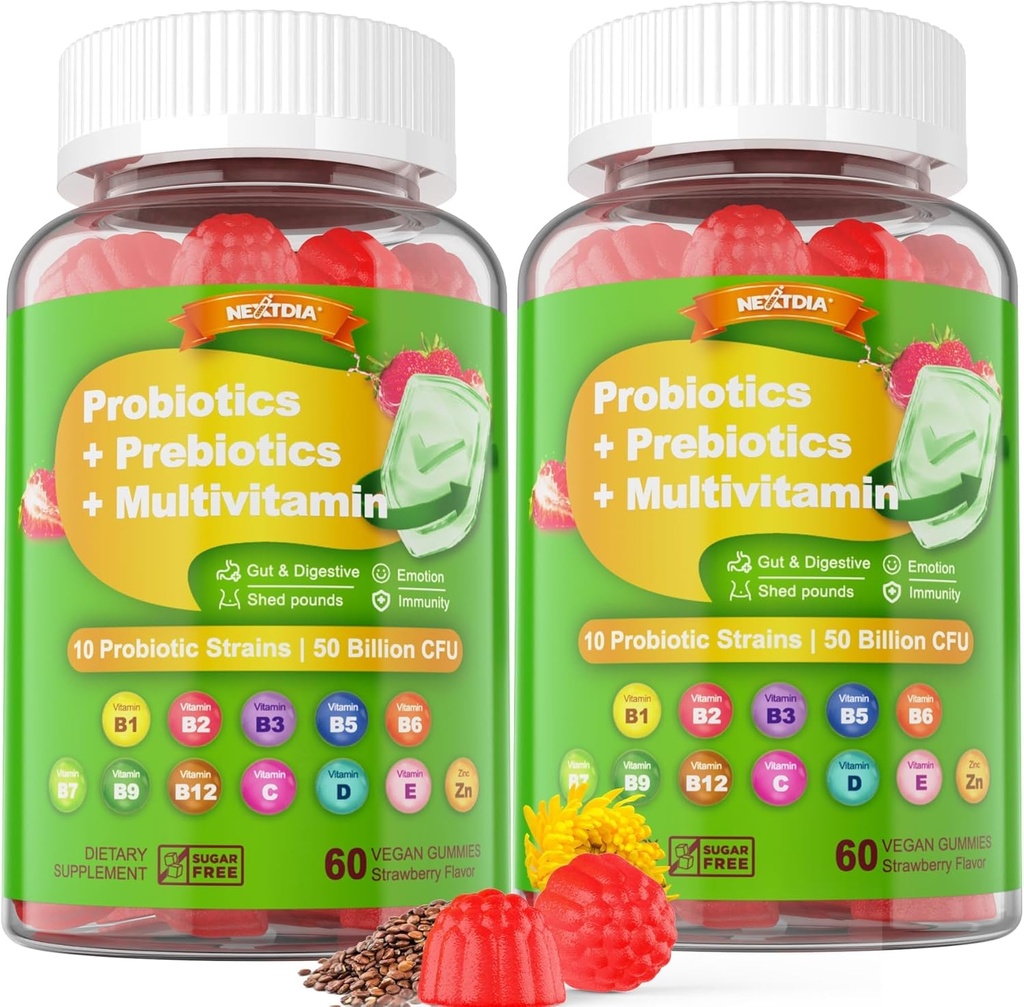 여성 및 남성을위한 Vegan Probiotics Gummies - 섬유 프리 바이오 틱 보충제 | 50 억 CFUs Probiotics, Inulin, Psyllium Husk & Multivitamin Gut, Digestion & Immune Health, 2 팩