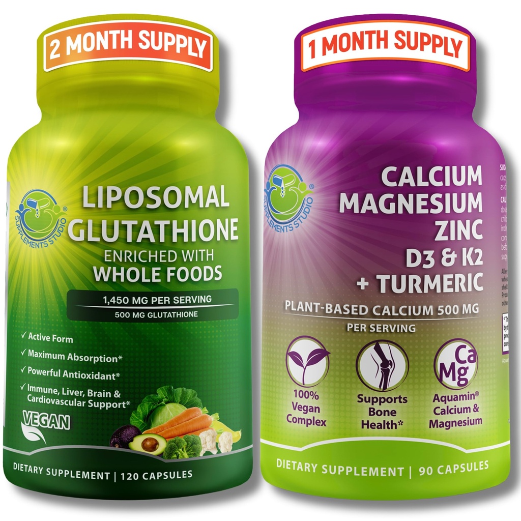 SUPPLEMENTS STUDIO Liposomal Glutathione 500mg는 유기 전체적인 음식 + 식물 기초를 두었습니다 칼슘, 마그네슘, 아연, D3 & K2에 심황 – 채식주의자, 비 GMO, 청결한 매일 웰니스 지원