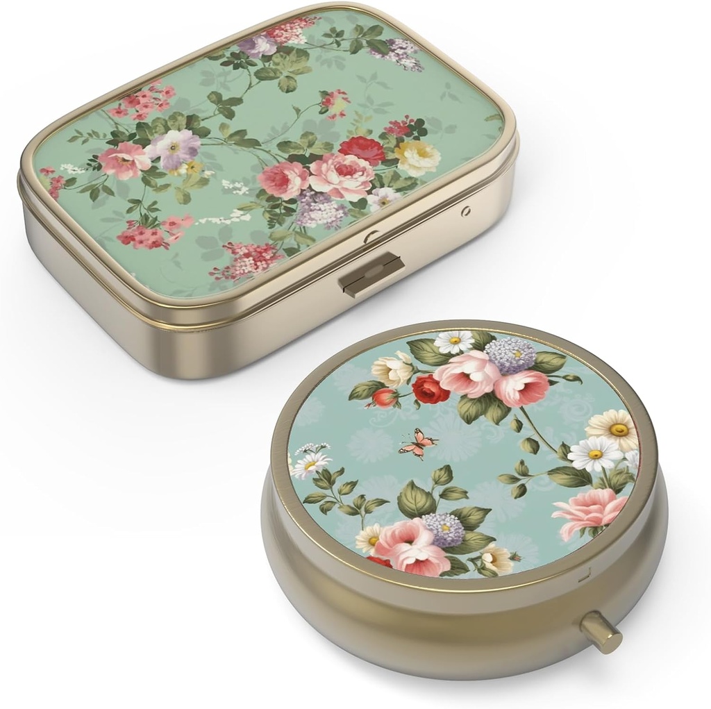 Pill Case Pill Box with Mirror Retro Small Pill Case for Purse or Pocket Bronze Pill Box 또는 Vitamins, Fish Oil, Supplements, Pill Containe 여행 선물(2PCS)