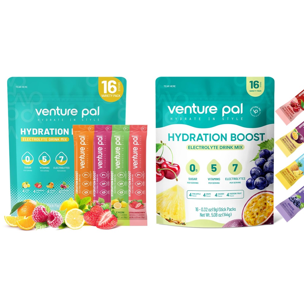 벤처 Pal Sugar Free Electrolyte Powder Packets - Rapid Hydration & Party Recovery 용 액체 일일 IV 음료 믹스 | 5 비타민 & 7 일 전동| Keto Friendly | Non-GMO | 인증 Vegan | 16 스틱