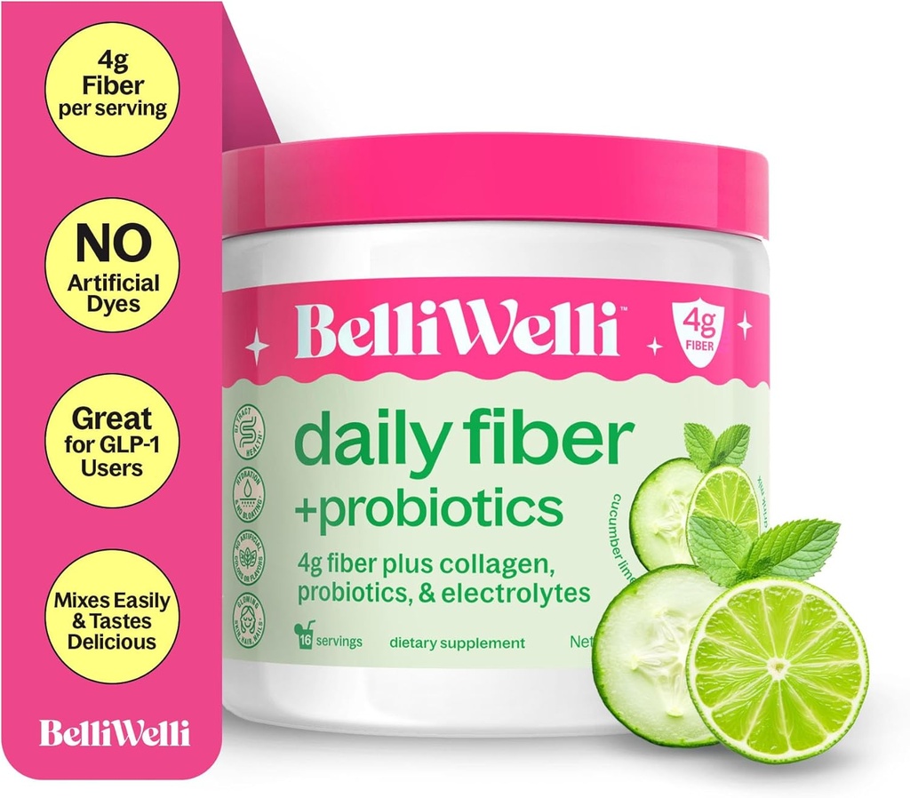 Belli Welli Fiber Supplement for Women & Men – 추가된 교원질을 가진 유기 Acacia에서 우수한 매일 섬유 분말, Electrolytes & Probiotics – Bloat 없음, 변비 & Gut 건강 지원 (Cucumber)