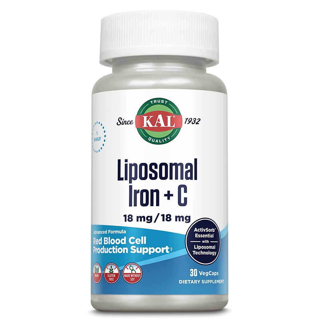 Liposomal 비타민 C, 여자와 남자를 위한 철 보충교재, 높은 흡수, Gentle 철 알약, Vegan, 글루텐 자유로운, 30의 서빙, 30의 VegCaps를 가진 KAL Liposomal 철 보충교재