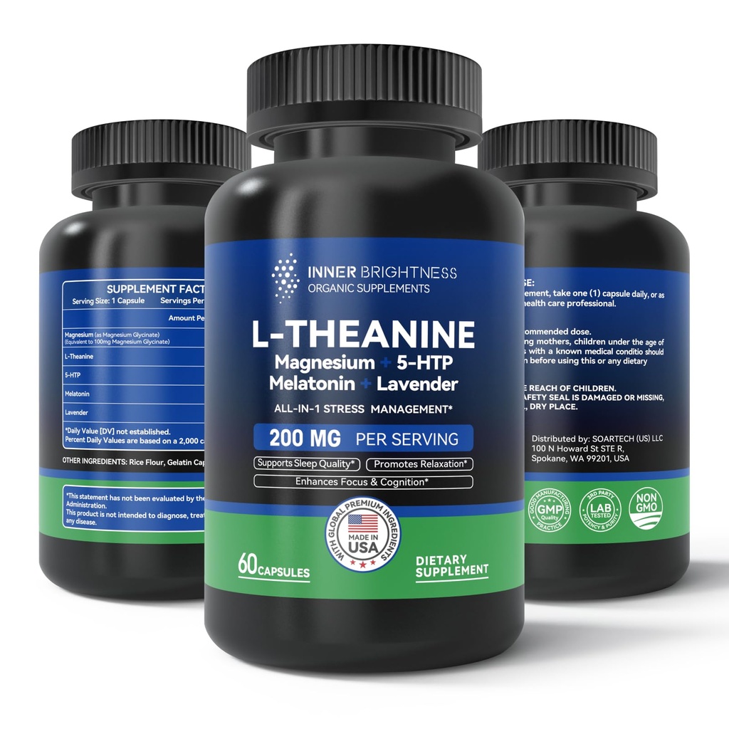 L Theanine 200mg, 마그네슘, 5-HTP & Melatonin - 스트레스 완화, 초점 및 함침, 수면을위한 All-in-1 L-Theanine 보충 - 60 캡슐