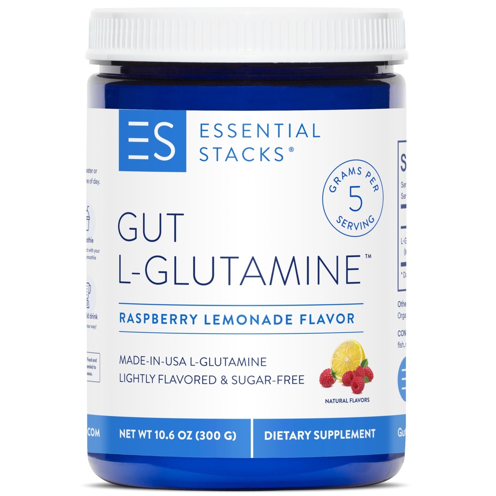 Essential Stacks Gut L-Glutamine Powder - 독점적으로 미국에서 만든 - Gut Health 용 Pure L 글루타민 분말 (50 서빙, Raspberry Lemonade)