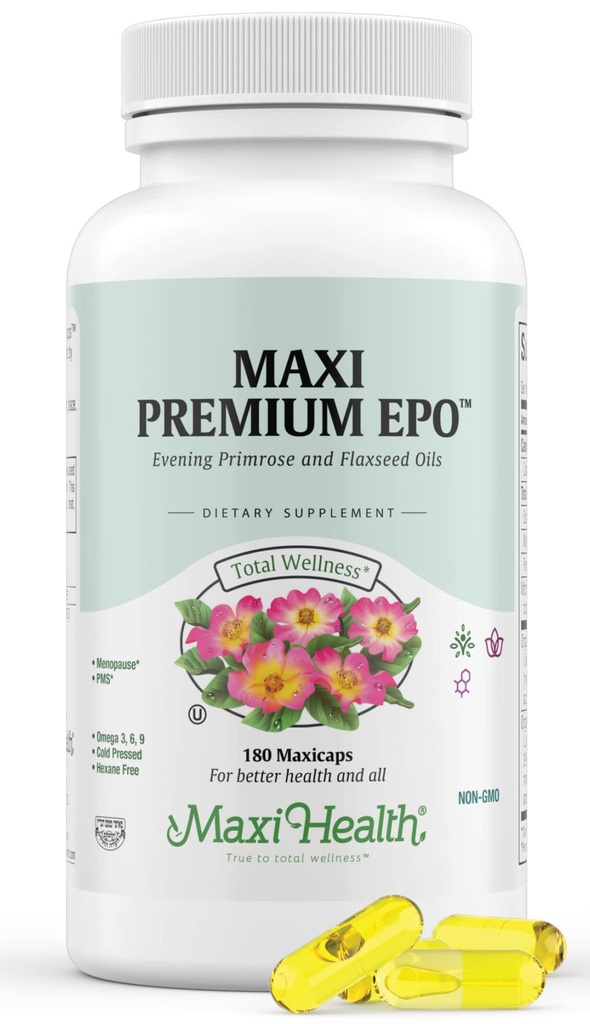 Maxi-Health Evening Primrose 및 Flax Seeds Oil Softgels - 건강한 피부, 모발 및 관절을위한 Vegan Omega 3 6 9 보충제 - Kosher 인증, 유기농 저녁 Primrose 오일 Softgels, 180 카운트